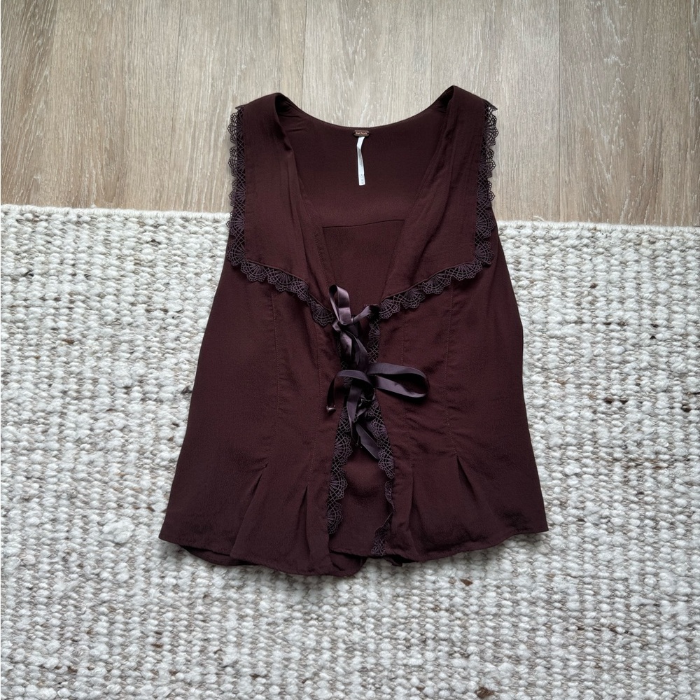 Free People Dark Brown Lace Trim Blouse